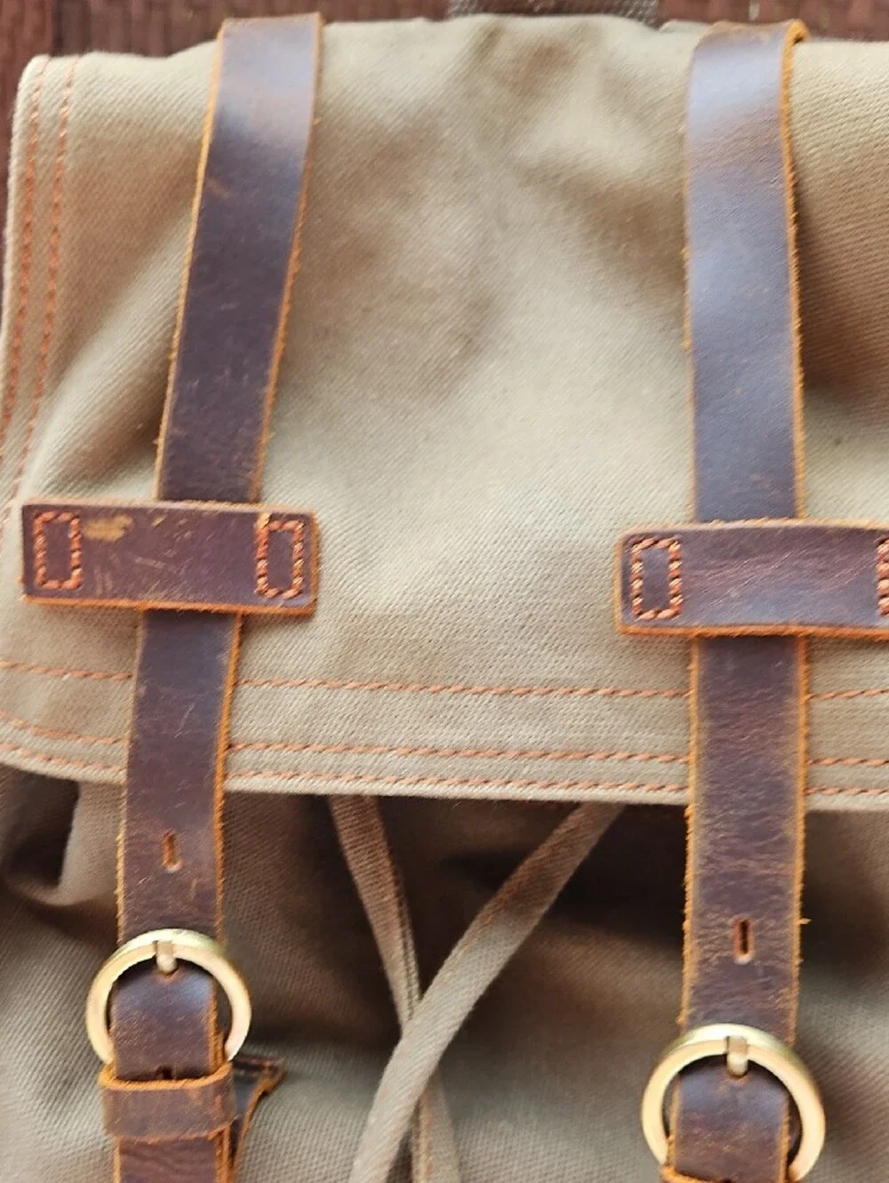 Khaki Canvas Backpack with Brown Leather Trim